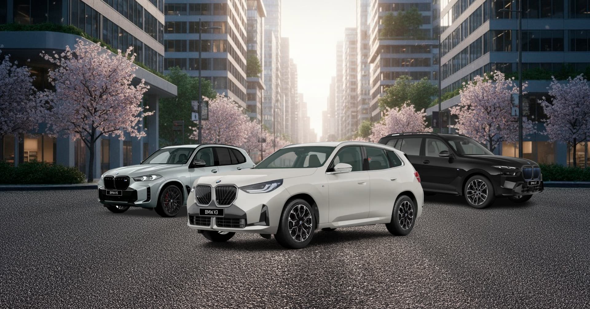 BMW X3, X5 и X7 на городской улице